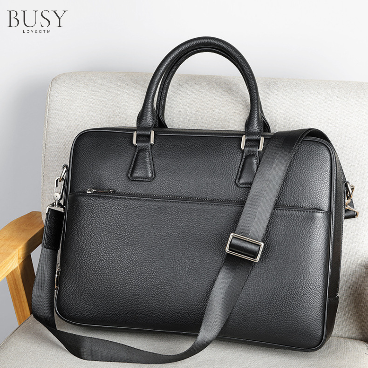 Servietă din piele naturala cu cifru, Cosmopolitan, extraincapatoare, de umar, negru