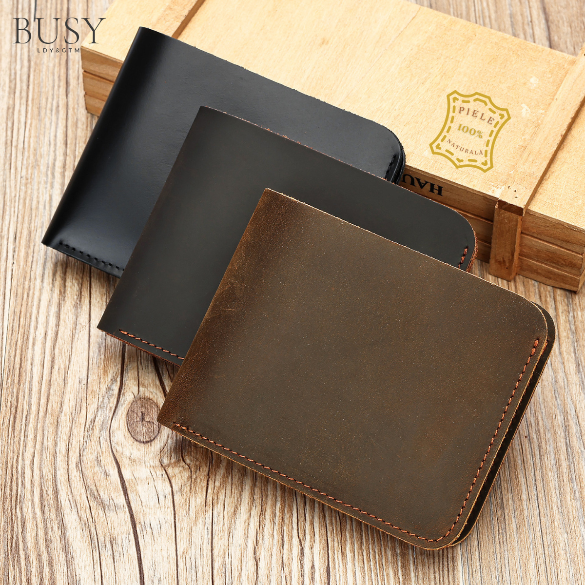Portofel minimalist piele naturala crazy horse retro Clas A Busy Lady & Gentleman coffee