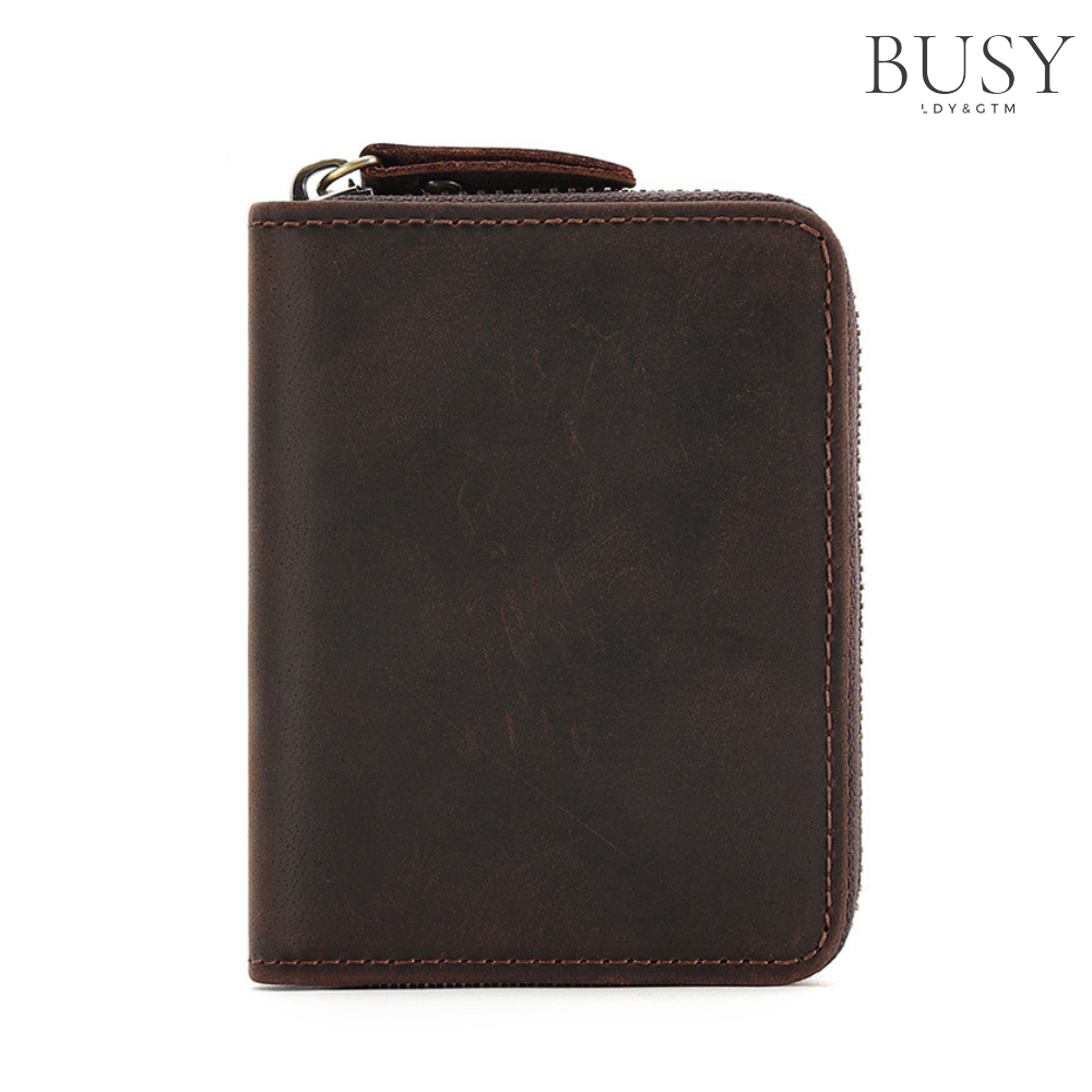 Portofel special pentru carduri din piele naturala BUSY, unisex, protectie antiscanare carduri RFID, maro