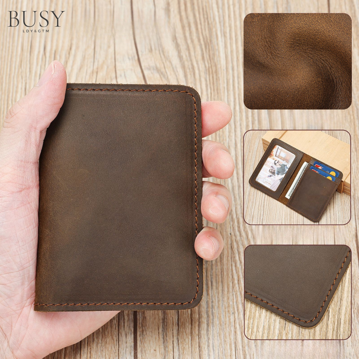 Portofel compact piele naturala Crazy Horse ,BUSY LDY & GTM® Clas, stil retro, maro