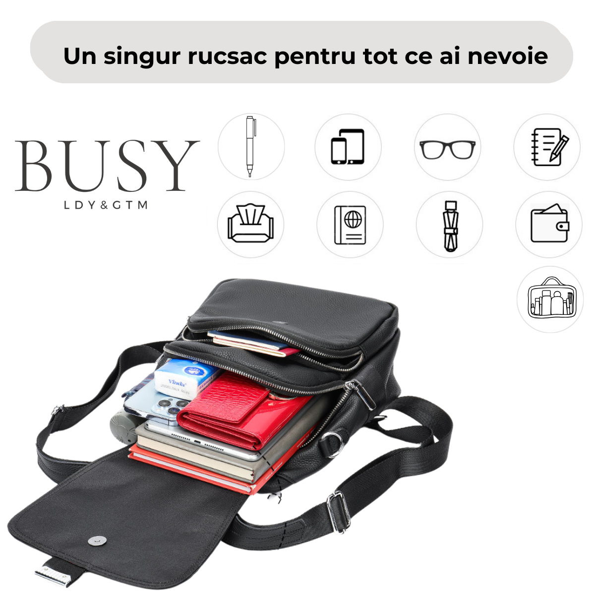 Rucsac dama din piele naturala, Luna, Negru