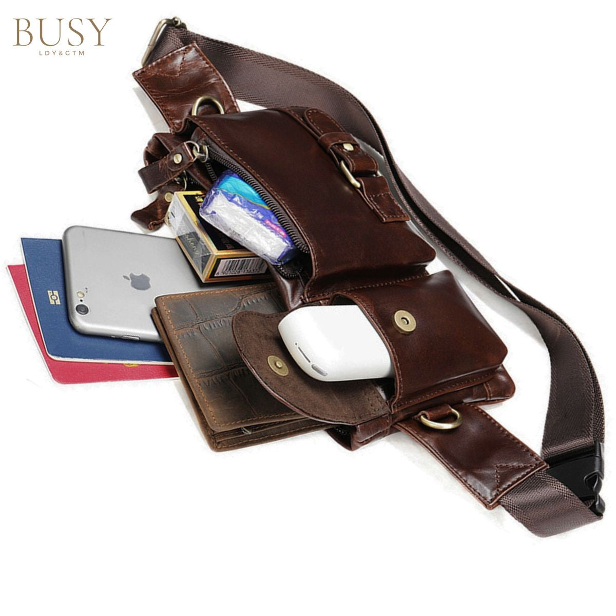 Borsetă unisex Velo, piele naturală catifelată, buzunare antifurt, BUSY LDY & GTM® maro