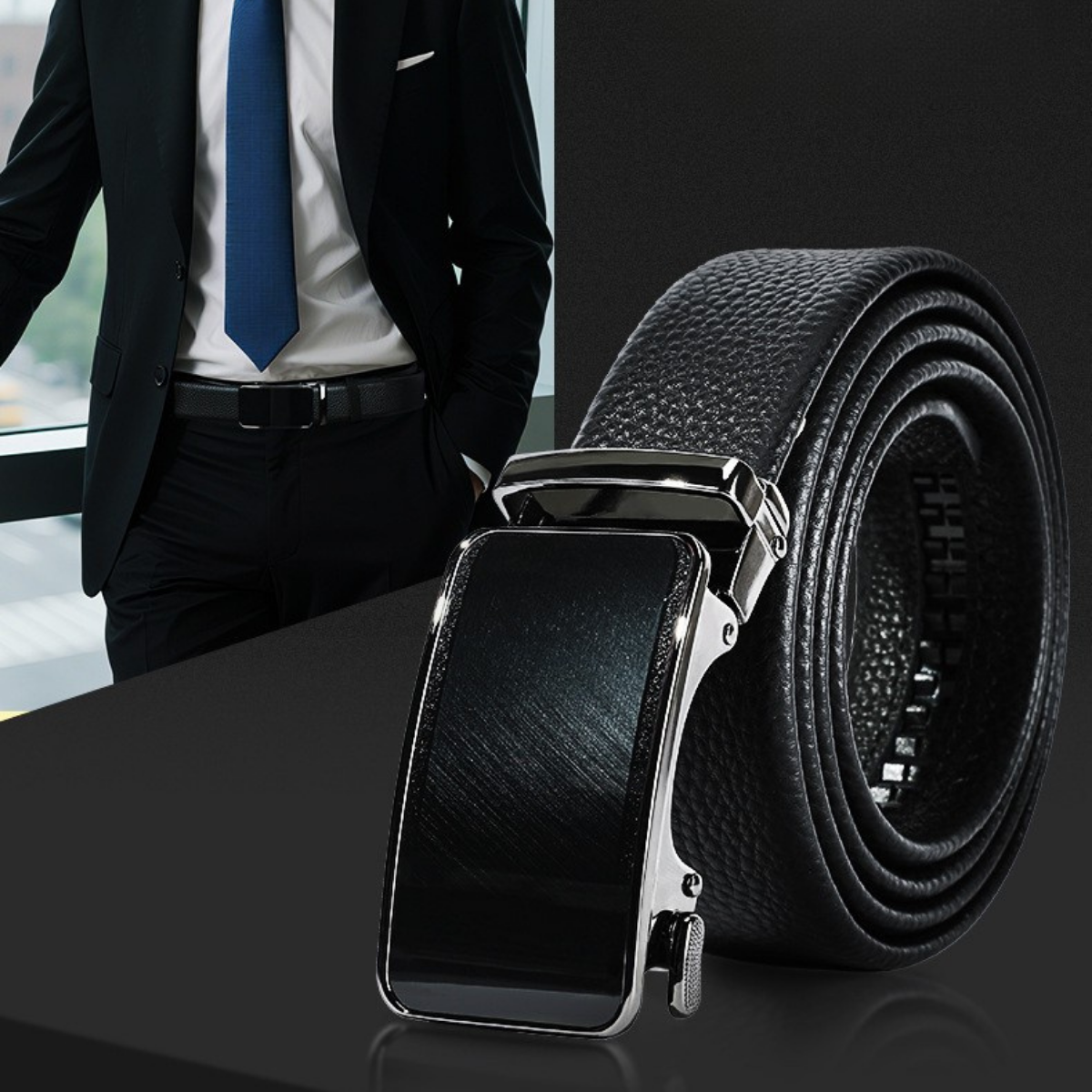 Curea barbati piele naturală, cataramă automată, Negru Elegance