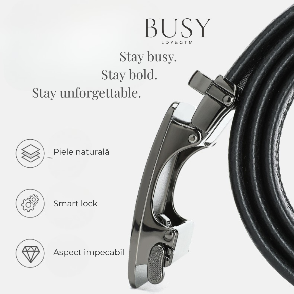 Curea barbati piele naturală, cataramă automată, Negru Elegance