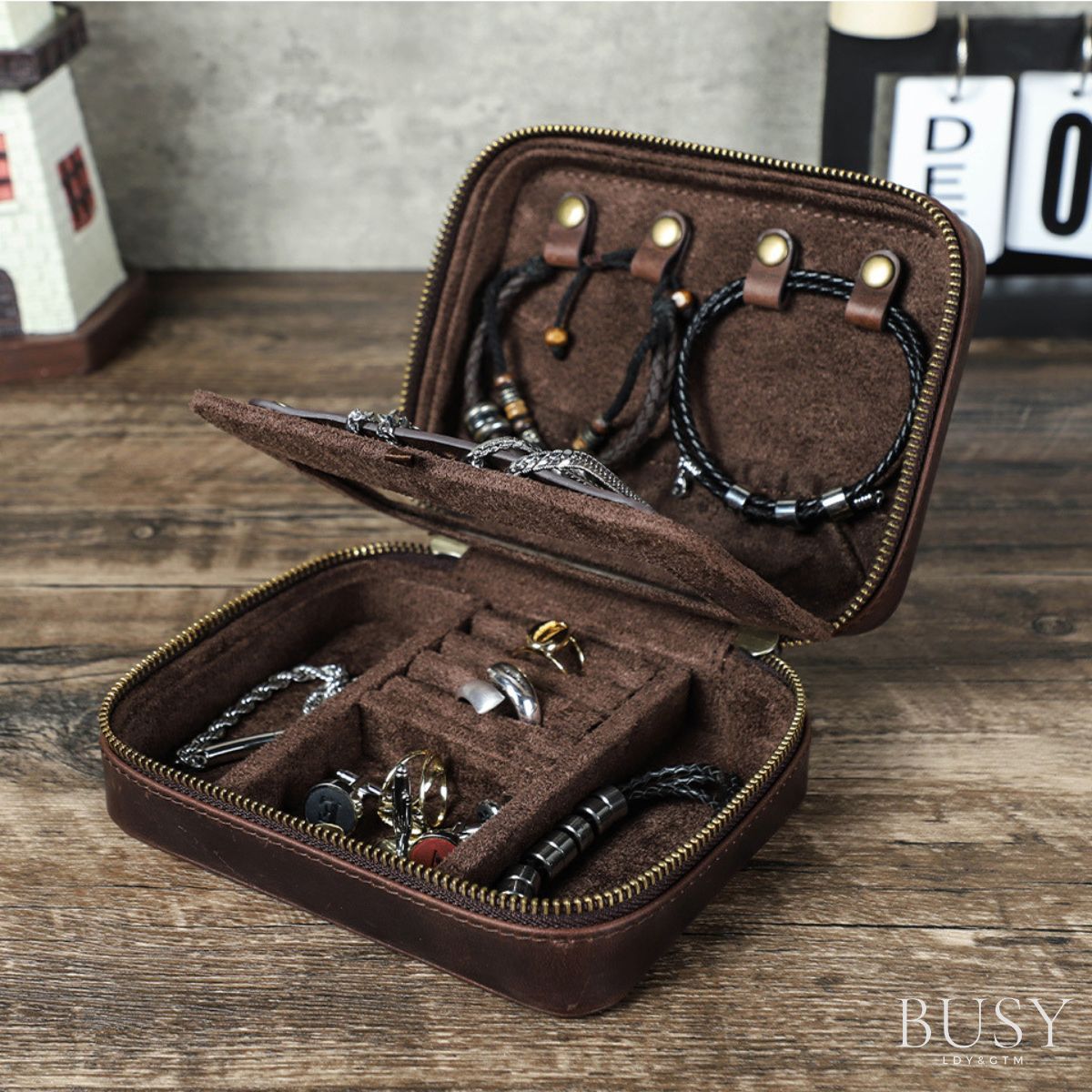Cutie colectie bijuterii, din piele naturala Crazy Horse, Riad BUSY LDY & GTM® - coffee