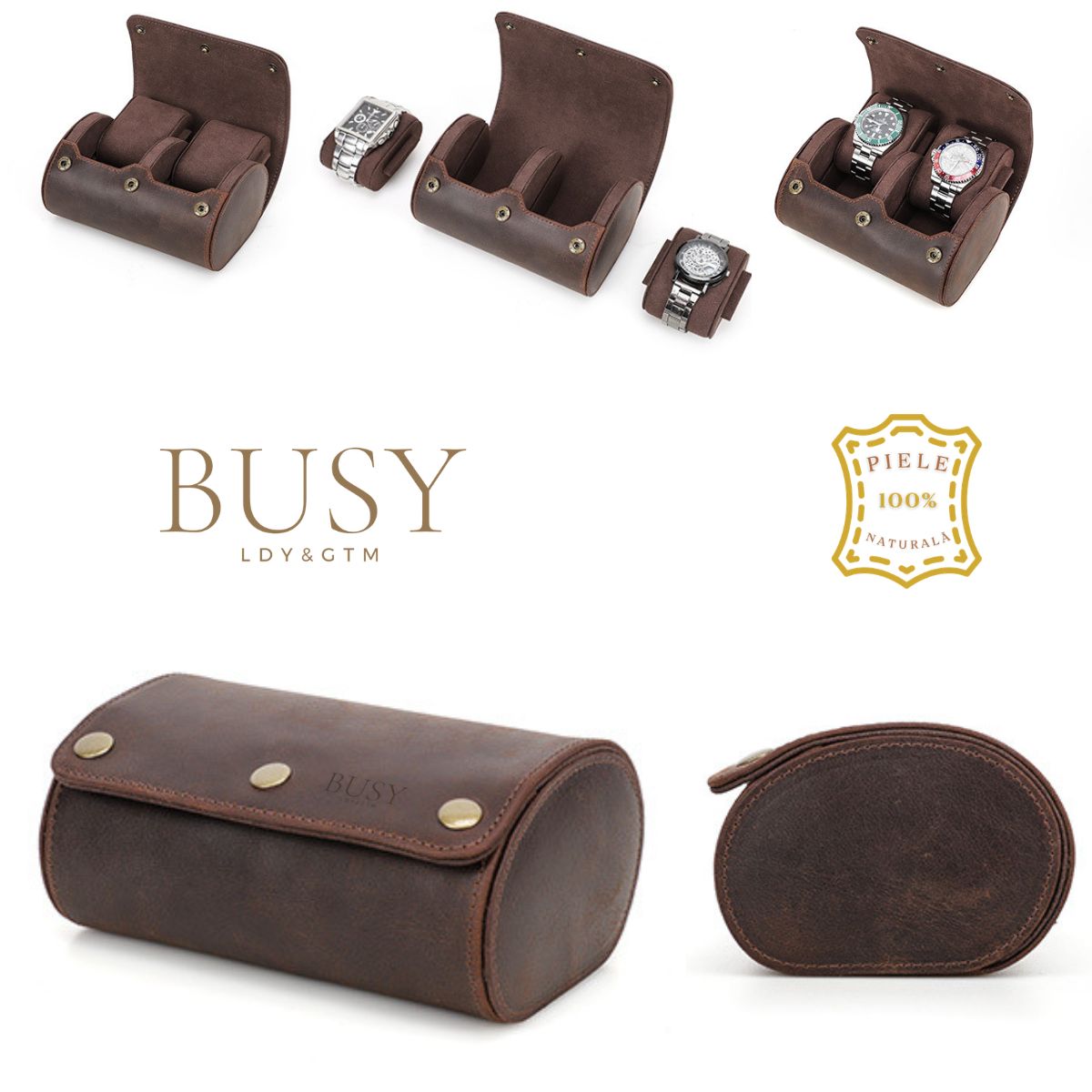 Cutie pentru colecția de ceasuri din piele naturală Crazy Horse | Watch Roll Premium pentru 2 ceasuri | BUSY LDY & GTM® Graal - coffee
