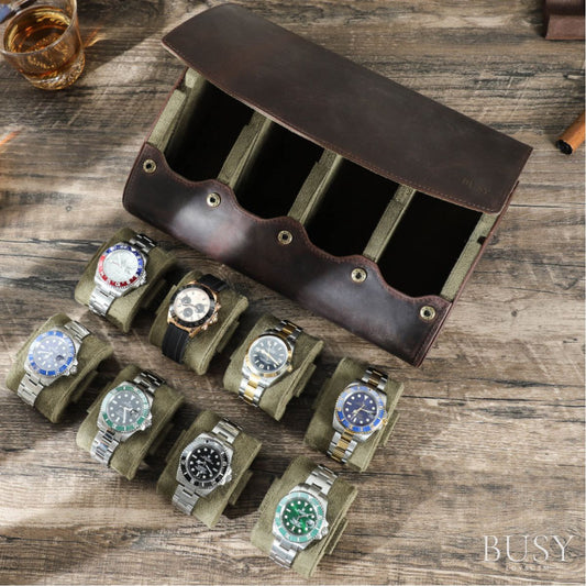 Cutie pentru colecția de ceasuri din piele naturală Crazy Horse | Watch Roll Premium pentru 8 ceasuri | BUSY LDY & GTM® Graal - coffee