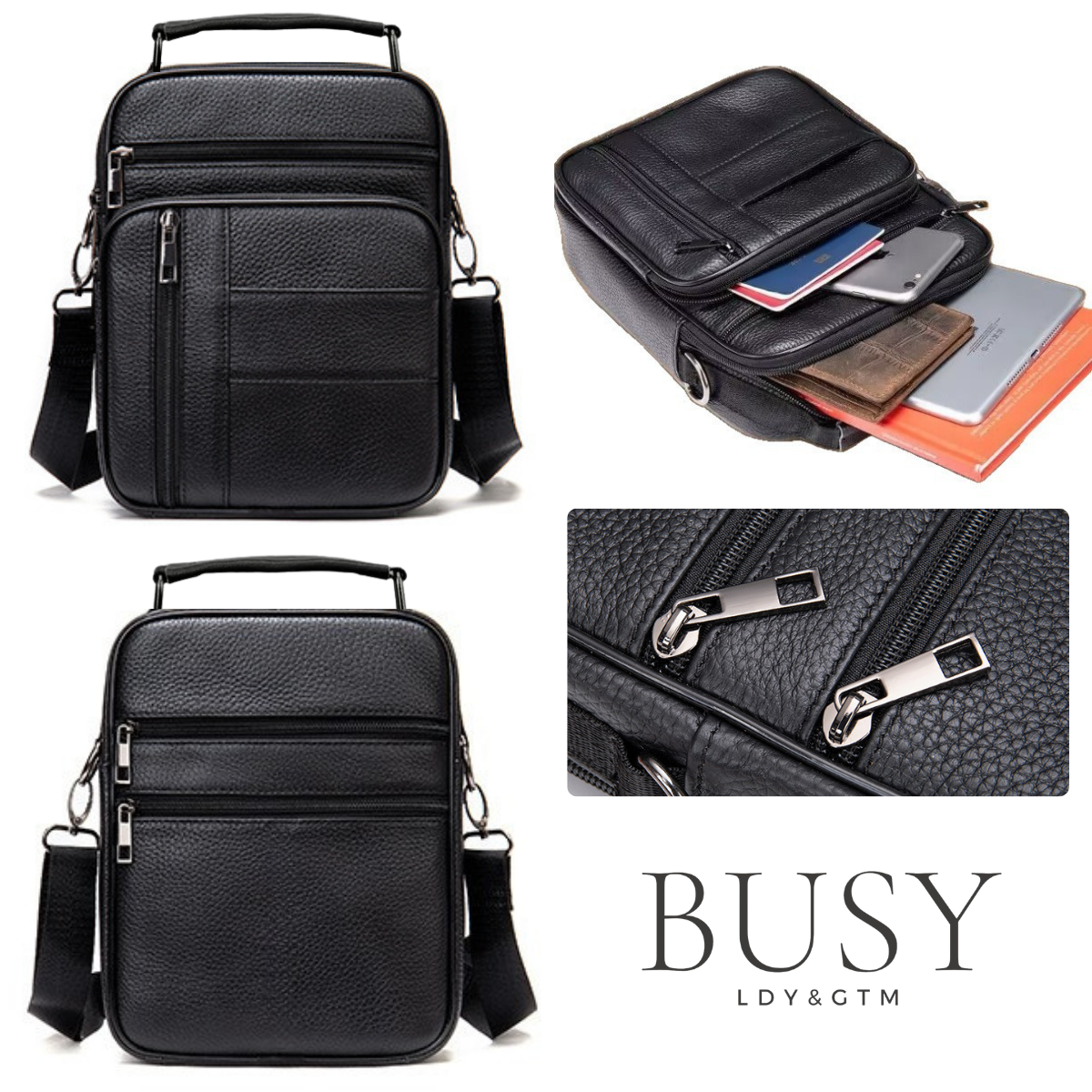 Geantă Bărbați Neagră din Piele Naturală Creed, 2 Compartimente principale, BUSY LDY & GTM®