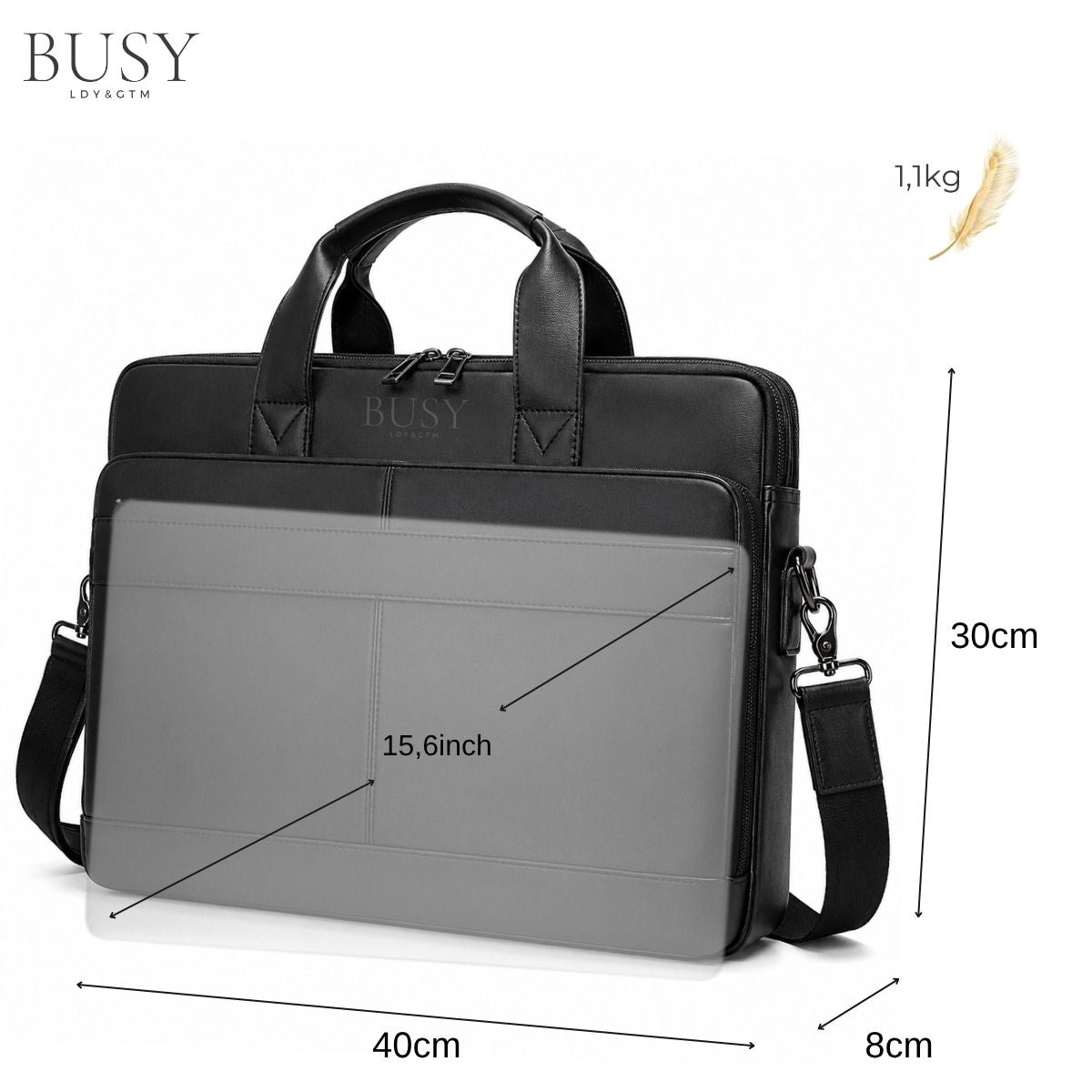 Geanta laptop 15,6 inch din piele naturală, suport troler, Tor - Negru