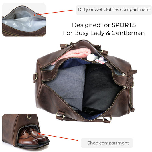Geantă fitness | sport | travel din piele naturală cu compartiment pentru haine murdare, Busy Lady & Gentleman® Delta - Maro Vintage