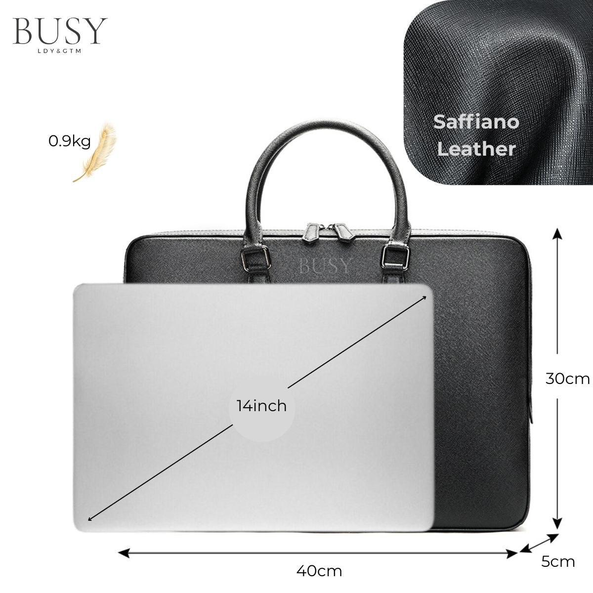 Geantă laptop 14’' din piele naturală Saffiano, slim, suport troler - Negru