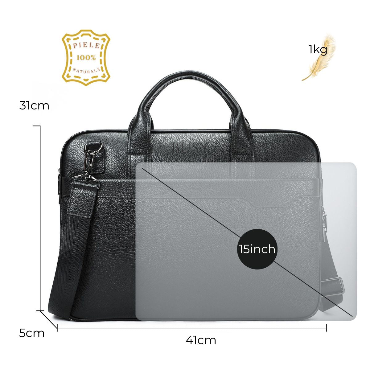Geanta laptop 15inch piele naturala, slim, BUSY Lady & Gentleman® Delta - neagra