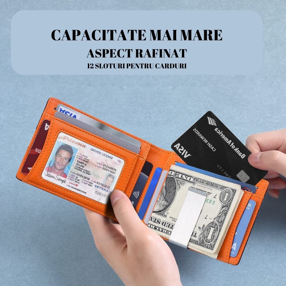 Portofel din piele pentru barbati, slim, cu protectie antiscanare carduri, be