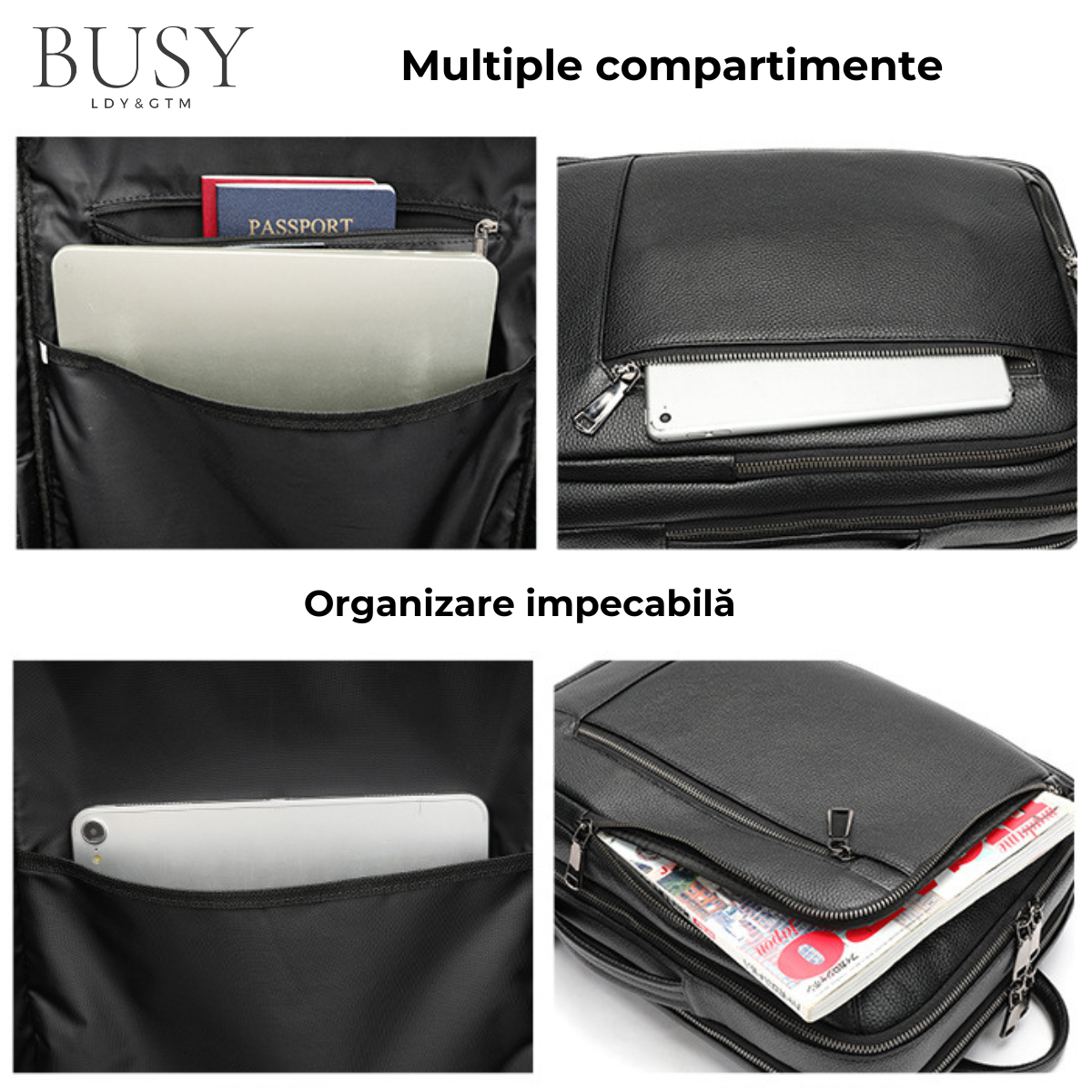 Rucsac laptop 15,6 Urban, barbati, piele naturala, multifunctional, suport troler, spate antiperspirant, negru
