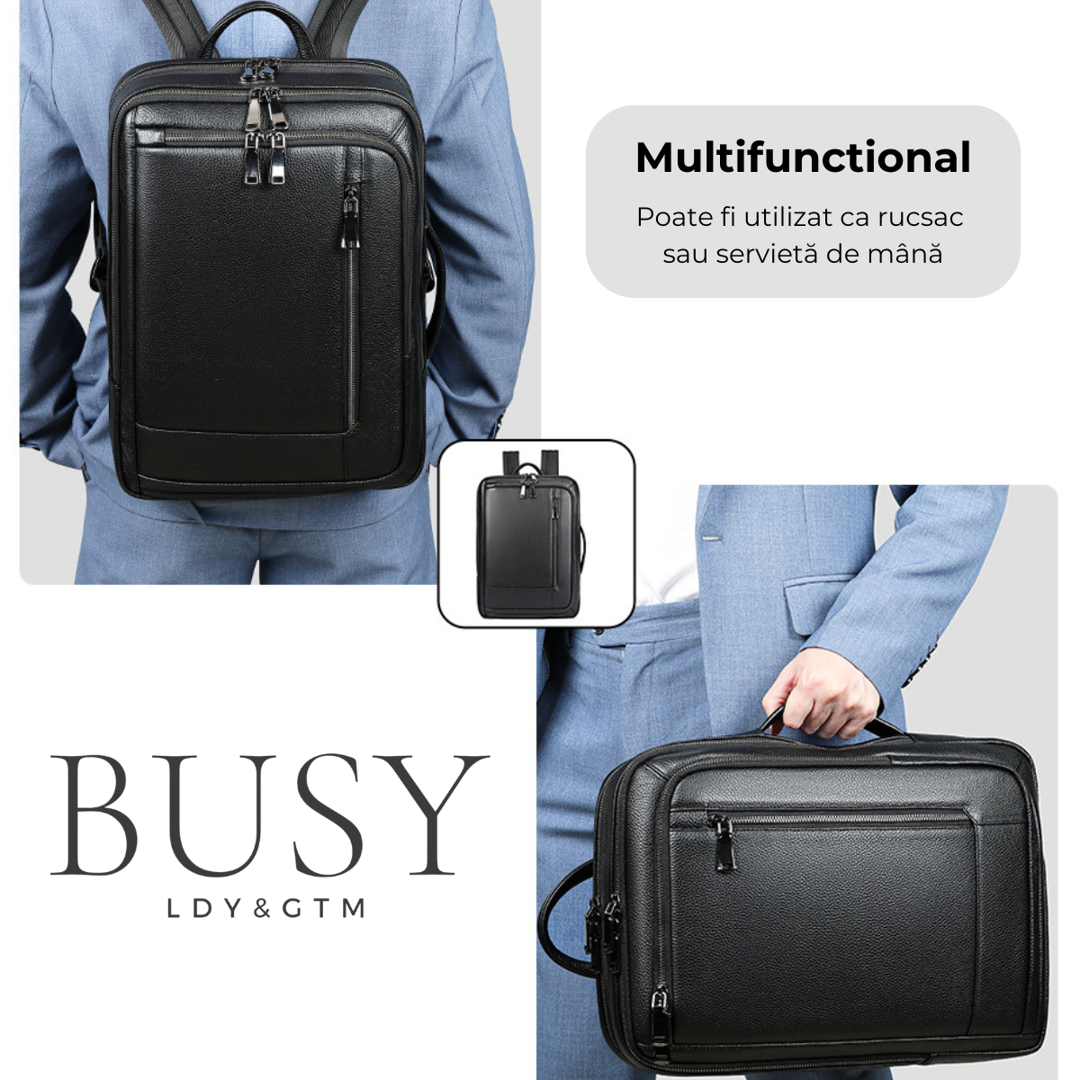 Rucsac laptop 15,6 Urban, barbati, piele naturala, multifunctional, suport troler, spate antiperspirant, negru