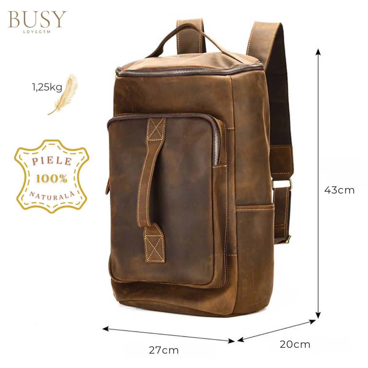 Rucsac laptop 16' din piele naturala, Nomad Gear XL, capacitate mare, coffee