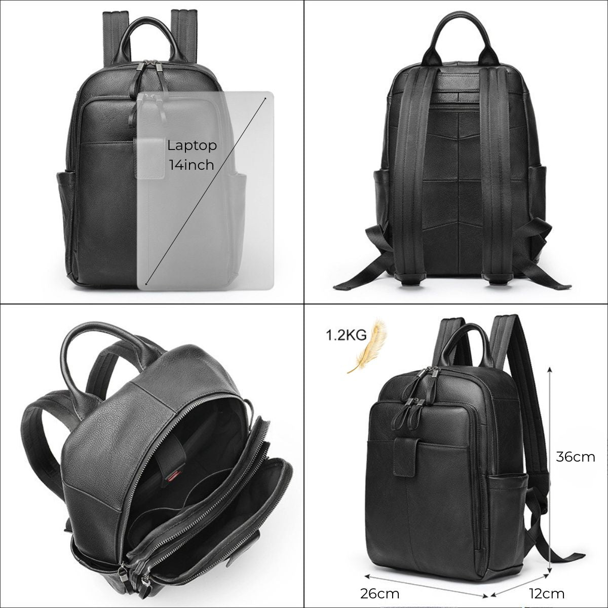 Rucsac laptop 14 inch din piele naturală Clas - Negru