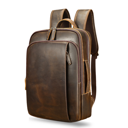 Rucsac Laptop 16' Piele Naturală, Noble, Design Retro Business, spate respirabil / ventilat, Ataşabil Troler, Maro/Cafea