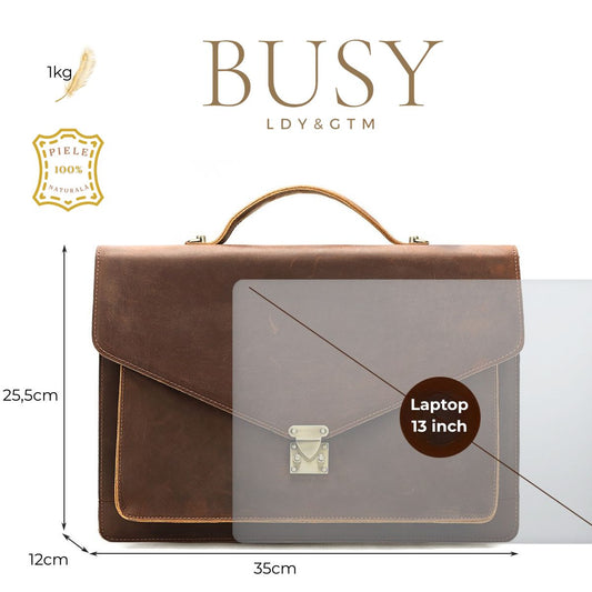 Servieta din piele naturala Crazy Horse, Laptop 13 inch, Horizon, maro