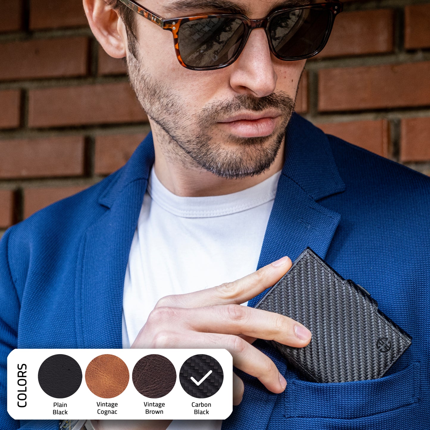 Portofel piele naturala cu protectie anti scanare carduri RFID, design compact trifold, Toscana - negru carbon fiber