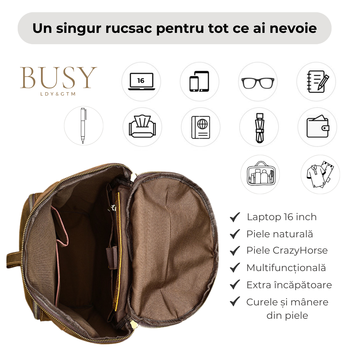 Rucsac laptop 16' din piele naturala, Nomad Gear XL, capacitate mare, coffee
