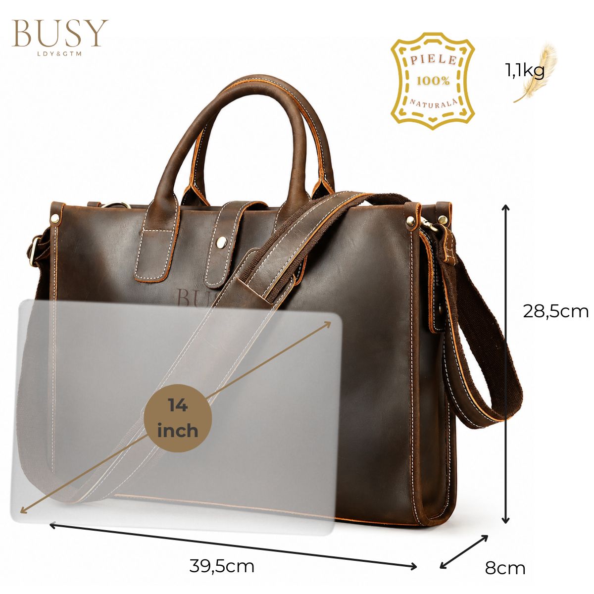 Servieta business din piele naturală Crazy Horse, laptop 14 inch, Capital - dark coffe