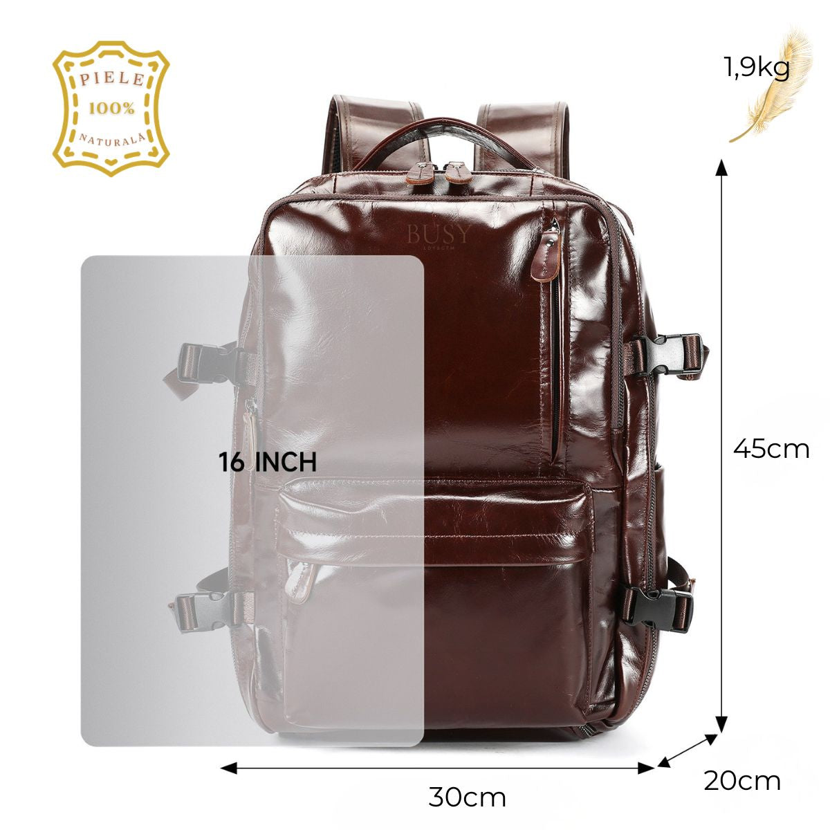 Rucsac laptop din piele naturală, compartiment incaltaminte, suport troler, USB, BUSY Lady & Gentleman® Rut - Oil Coffe