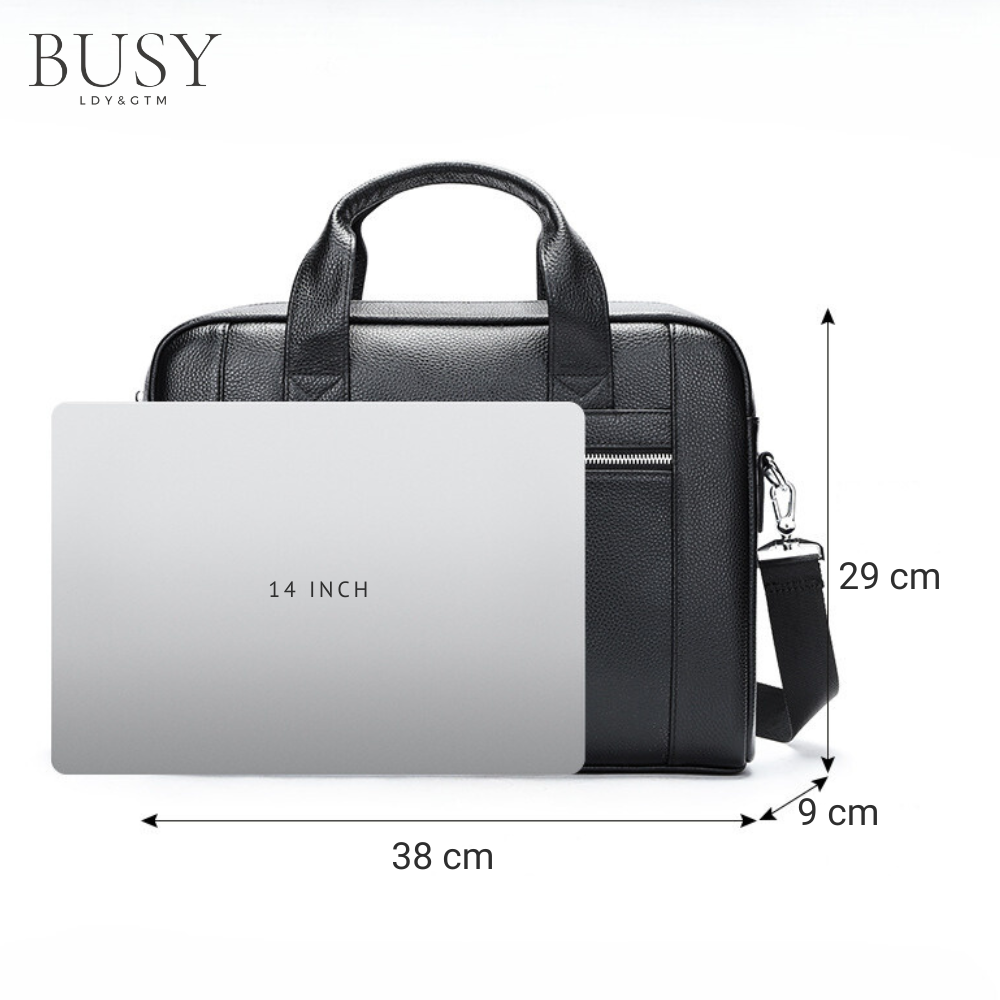 Geanta laptop 14' Baron, piele naturala, servieta unisex, de umar si de mana, neagra