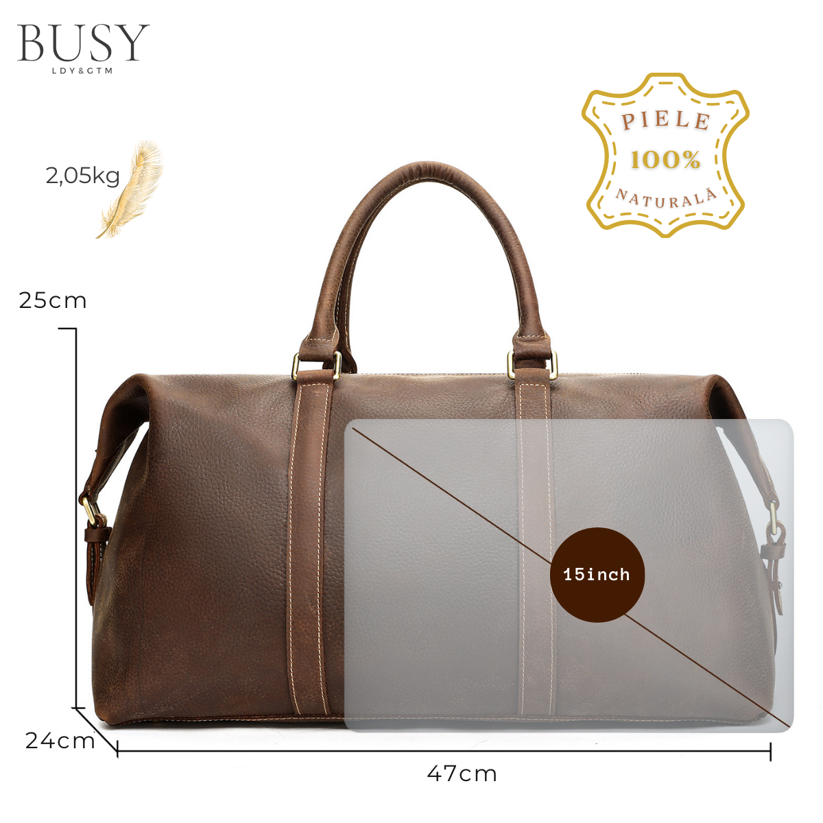 Geantă de voiaj, fitness, piele naturala premium, Tote ,capacitate mare, maro