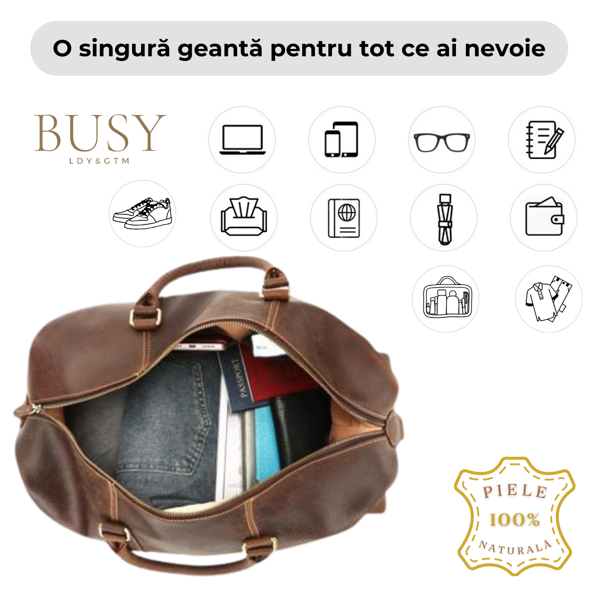 Geantă de voiaj, fitness, piele naturala premium, Tote ,capacitate mare, maro