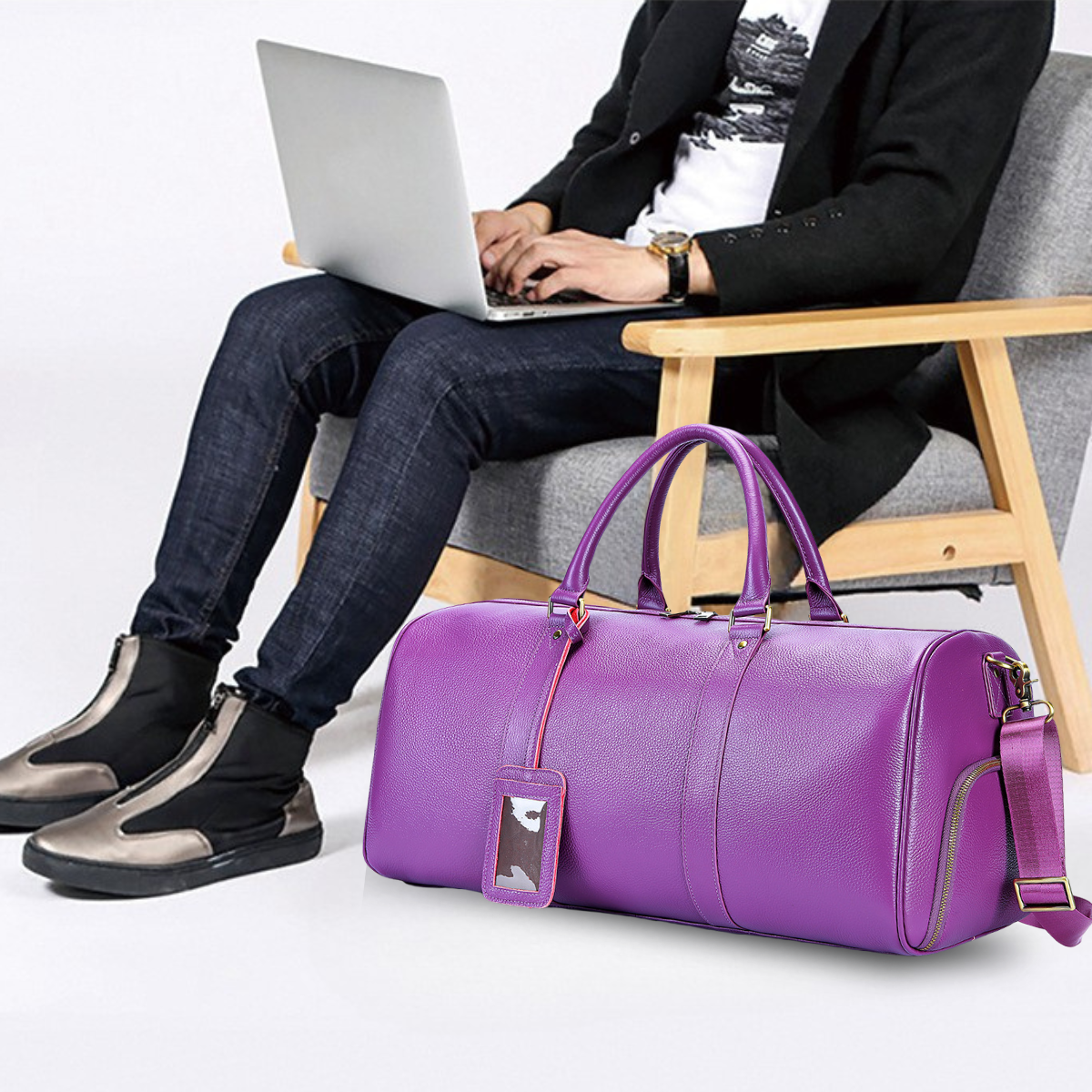 Geanta voiaj / fitness Nomad Indigo, piele naturala, compartiment incaltaminte, unisex, capacitate mare, mov