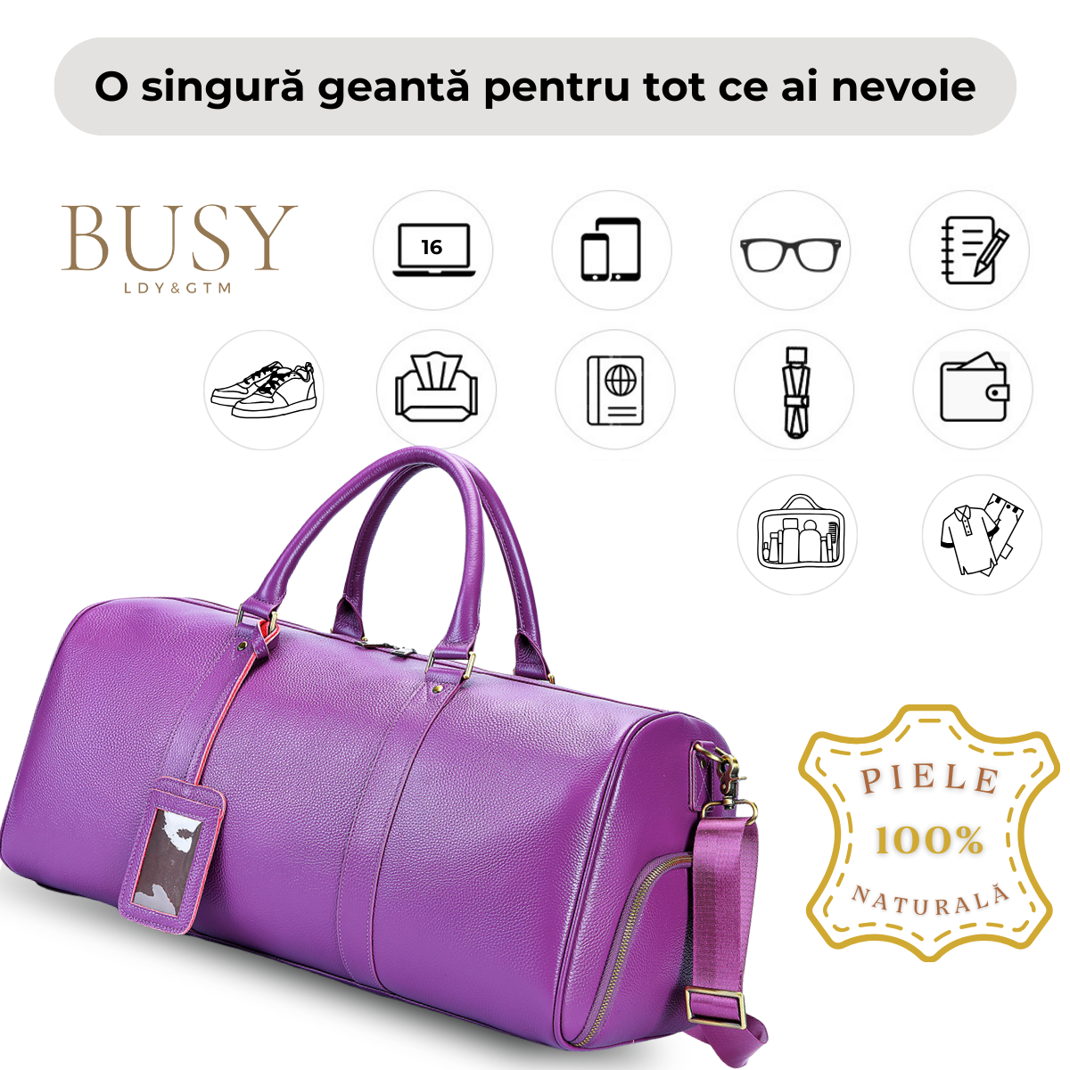 Geanta voiaj / fitness Nomad Indigo, piele naturala, compartiment incaltaminte, unisex, capacitate mare, mov