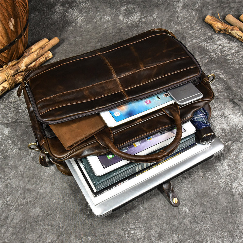 Geanta laptop 16' Tor, piele naturala, unisex, sistem prindere troler, maro