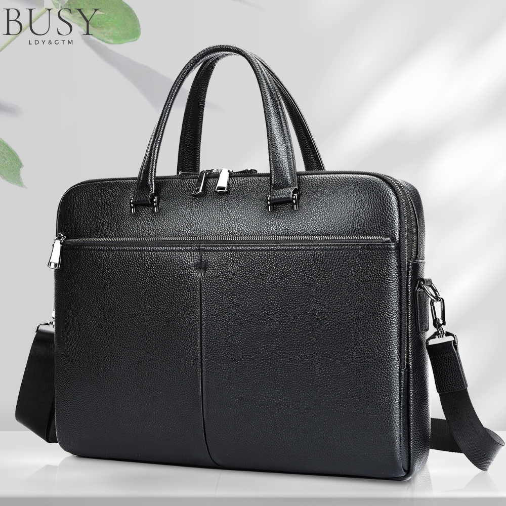 Geanta laptop 17’ Buckingham, piele naturala, servieta unisex, suport prindere troler, compartiment tableta, neagra
