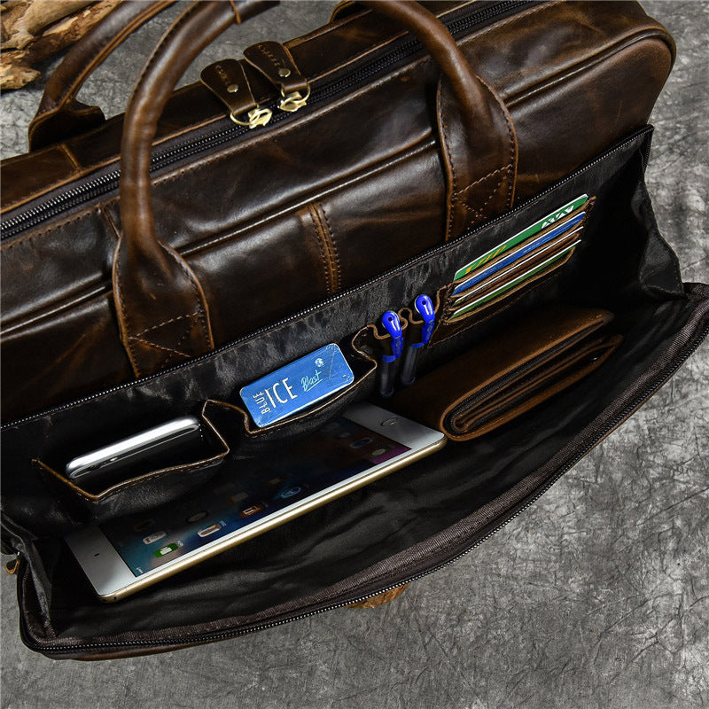 Geanta laptop 16' Tor, piele naturala, unisex, sistem prindere troler, maro