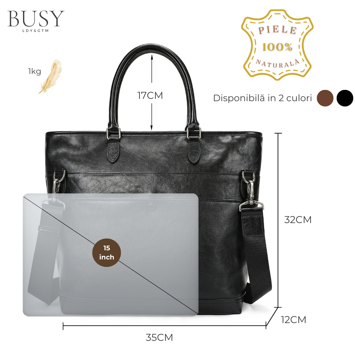 Geantă dama din piele naturală, laptop 15inch, Criss, negru