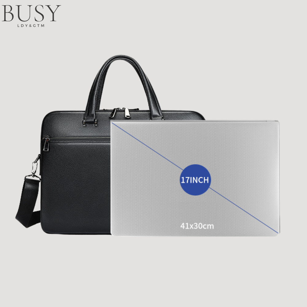 Geanta laptop 17’ Buckingham, piele naturala, servieta unisex, suport prindere troler, compartiment tableta, neagra