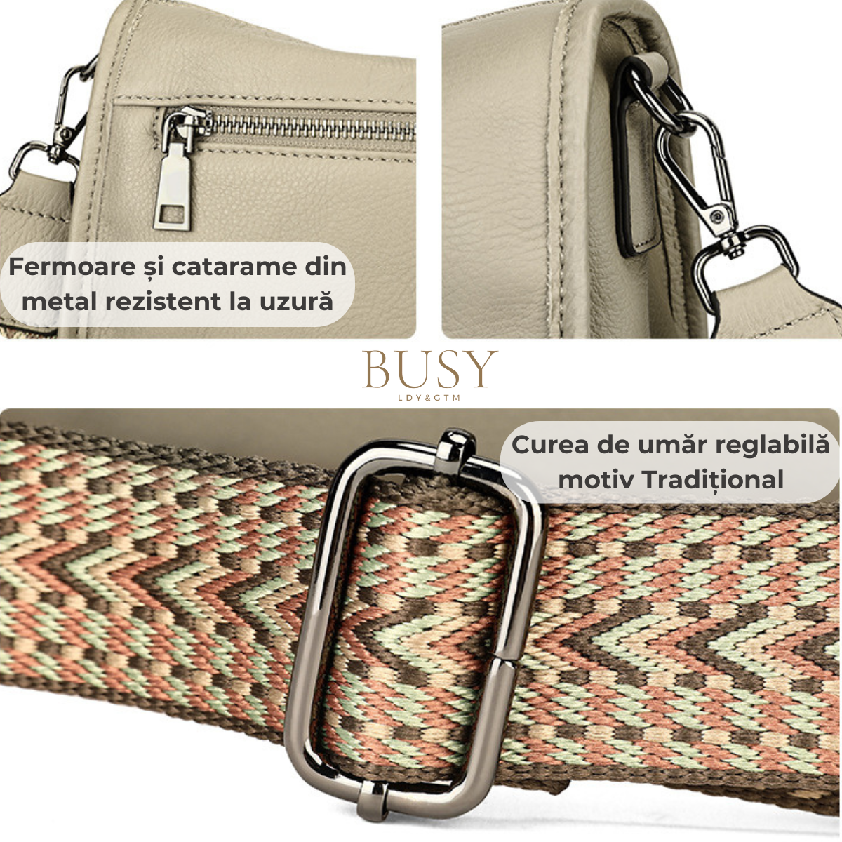 Geanta din piele naturala pentru dama Emma, curea umar motiv traditional, Gri/bej