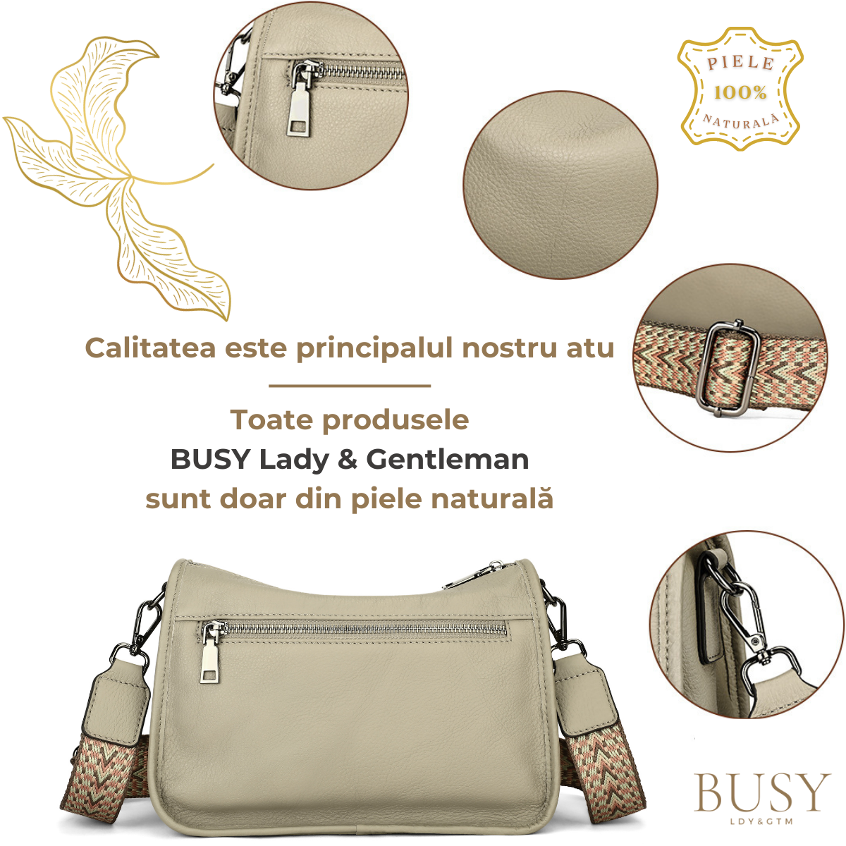 Geanta din piele naturala pentru dama Emma, curea umar motiv traditional, Gri/bej