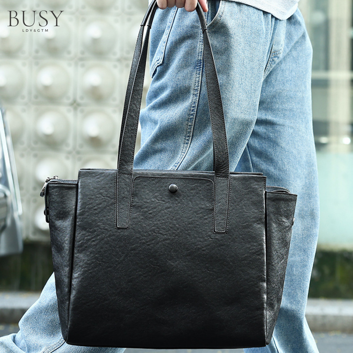 Geanta din piele naturala, Glide, de umar, compatibila laptop 15 inch, negru