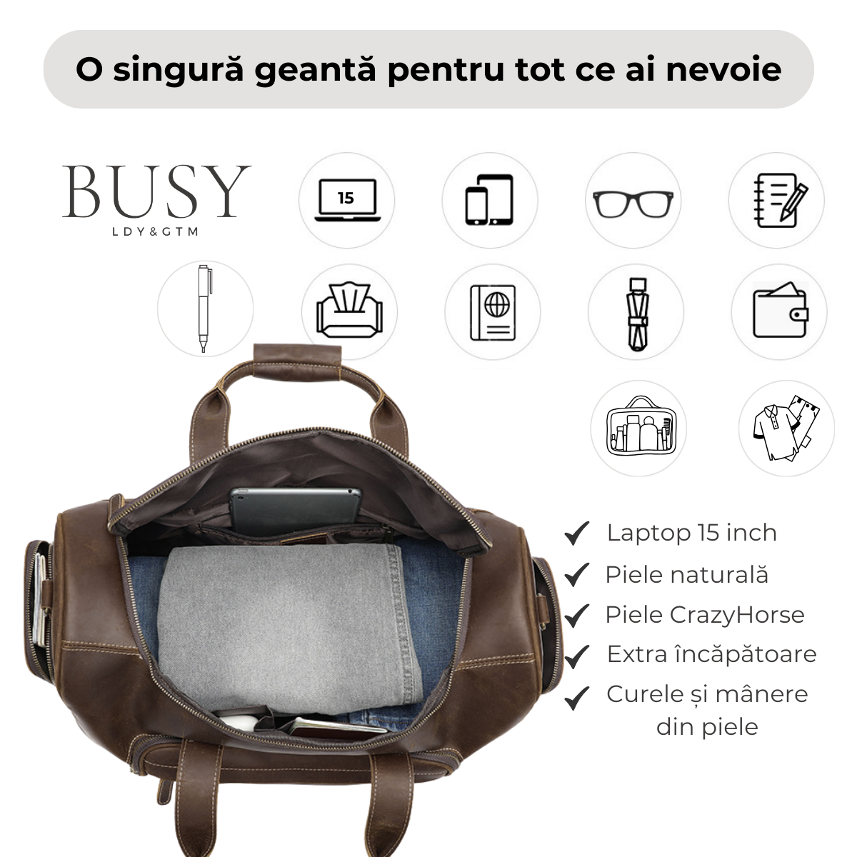 Geanta fitness, voiaj, din piele naturala premium, Luk, marimea L, dark coffee