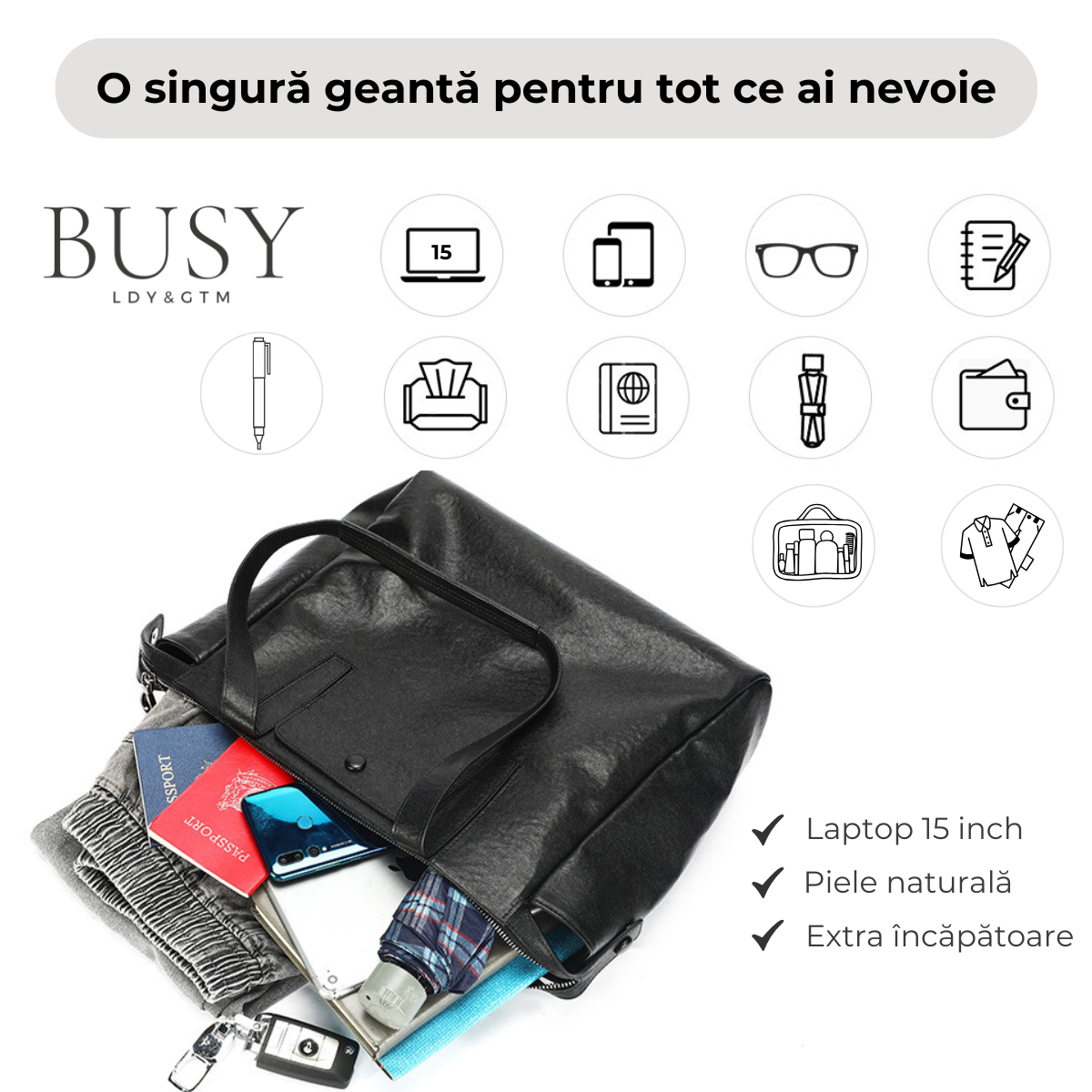 Geanta din piele naturala, Glide, de umar, compatibila laptop 15 inch, negru
