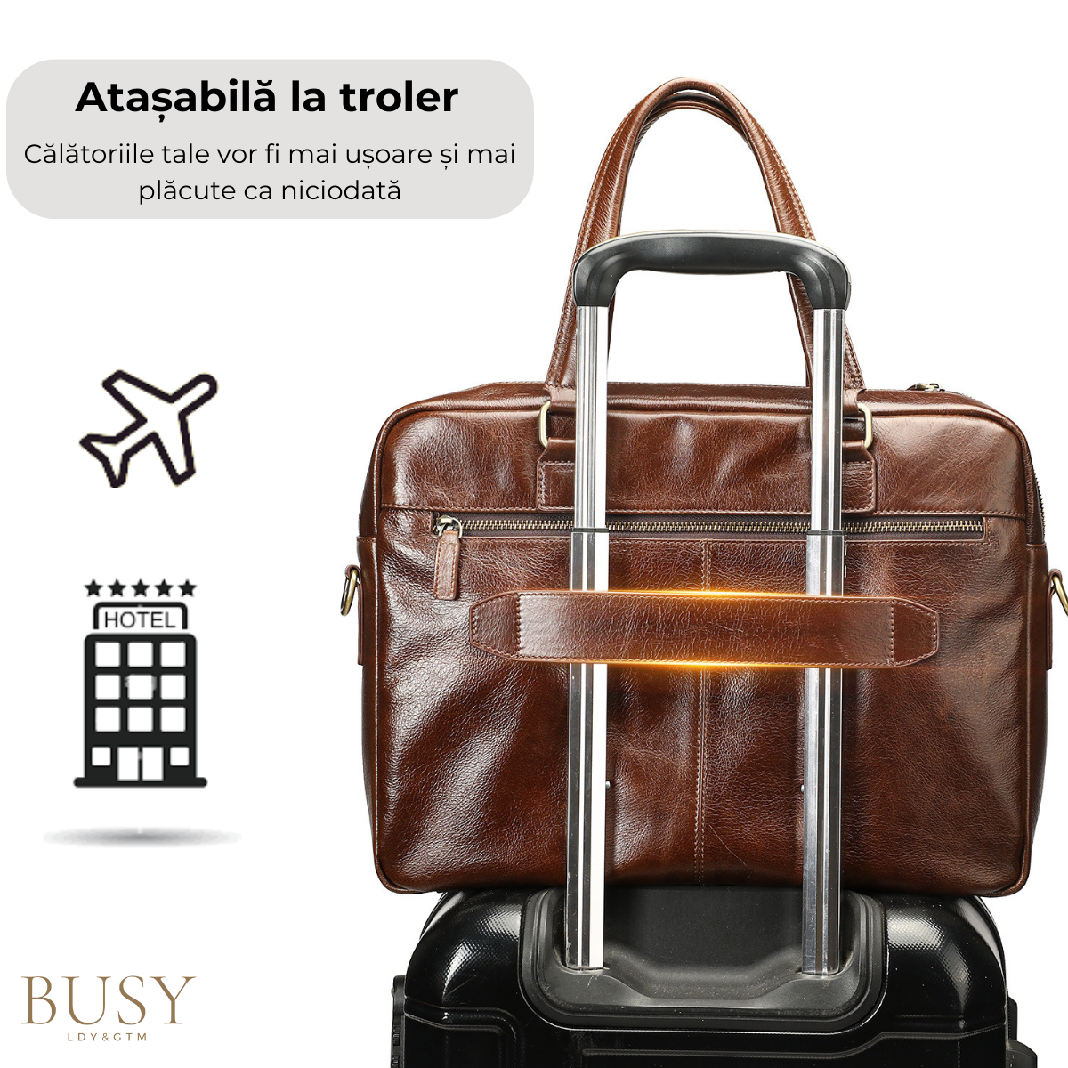 Servietă Laptop 15' Piele Naturală, Fortress, Design Business, Ataşabilă Troler