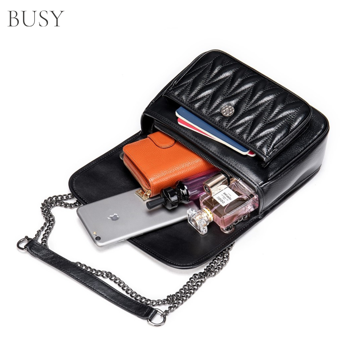 Geanta dama Bella, piele naturala, buzunar rapid exterior si antifurt interior, neagra