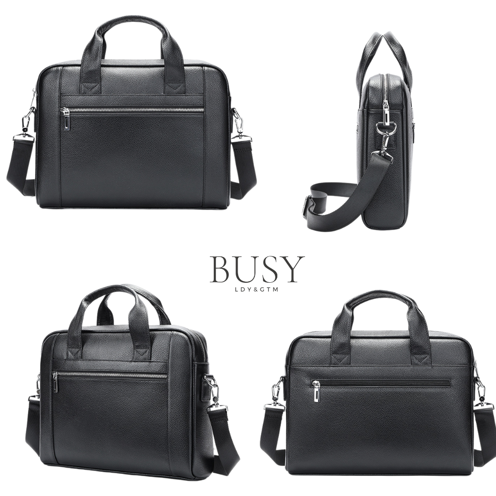 Geanta laptop 14' Baron, piele naturala, servieta unisex, de umar si de mana, neagra