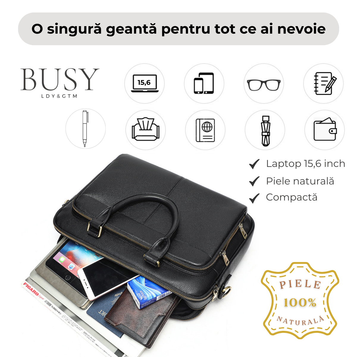 Servietă Laptop 15.6 Inch, Prestige, din Piele Naturală, Design Business