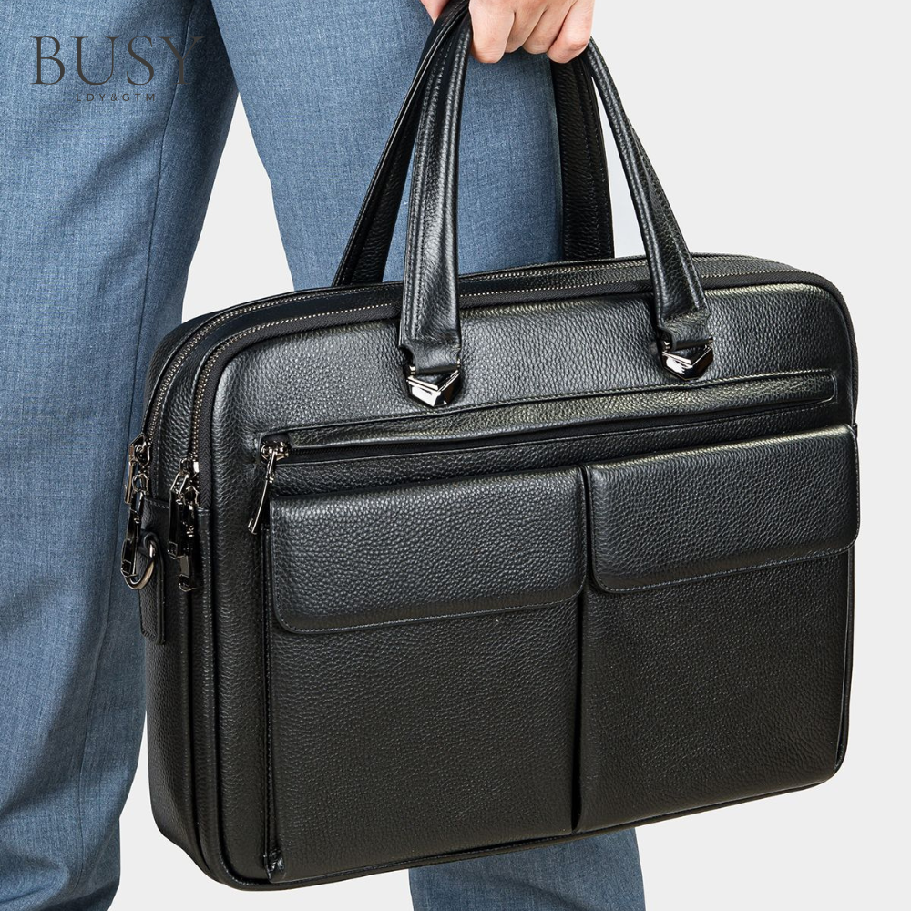 Geanta laptop 15’ Dr. House, piele naturala, servieta unisex, de umar, premium, capacitate mare documente, neagra