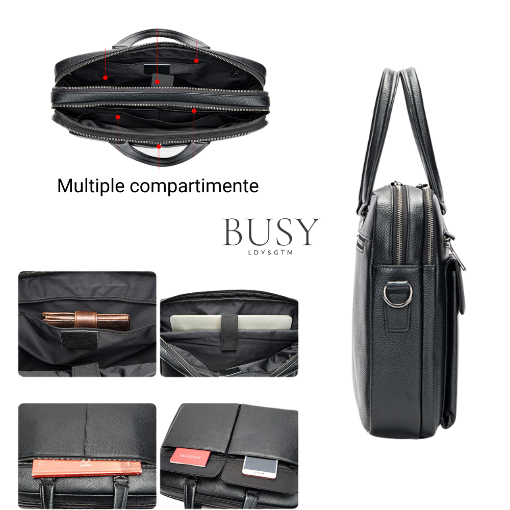 Geanta laptop 15’ Dr. House, piele naturala, servieta unisex, de umar, premium, capacitate mare documente, neagra