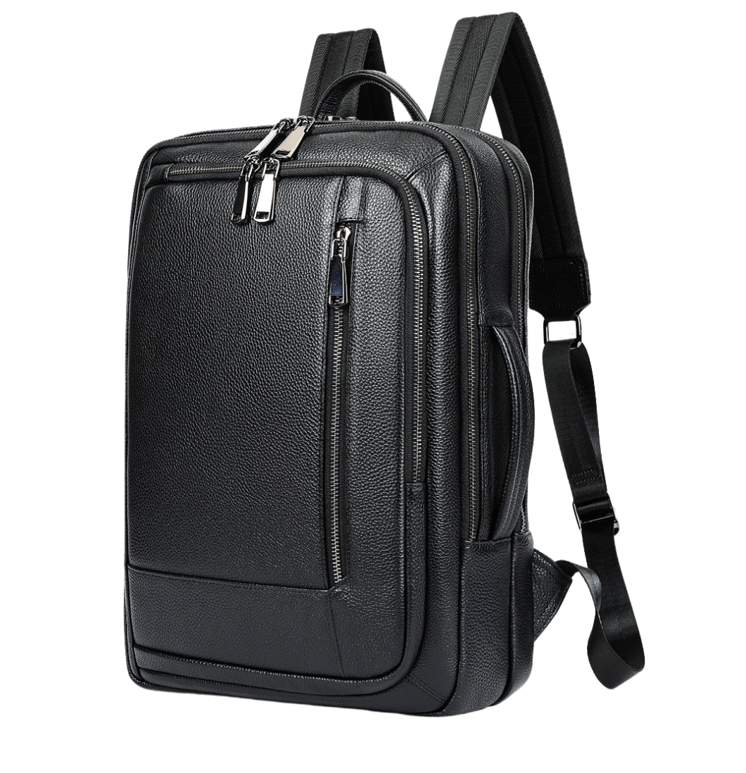 Rucsac laptop 15,6 Urban, barbati, piele naturala, multifunctional, suport troler, spate antiperspirant, negru