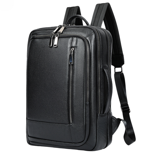 Rucsac laptop 15,6 Urban, barbati, piele naturala,  multifunctional, suport troler, spate respirabil, negru